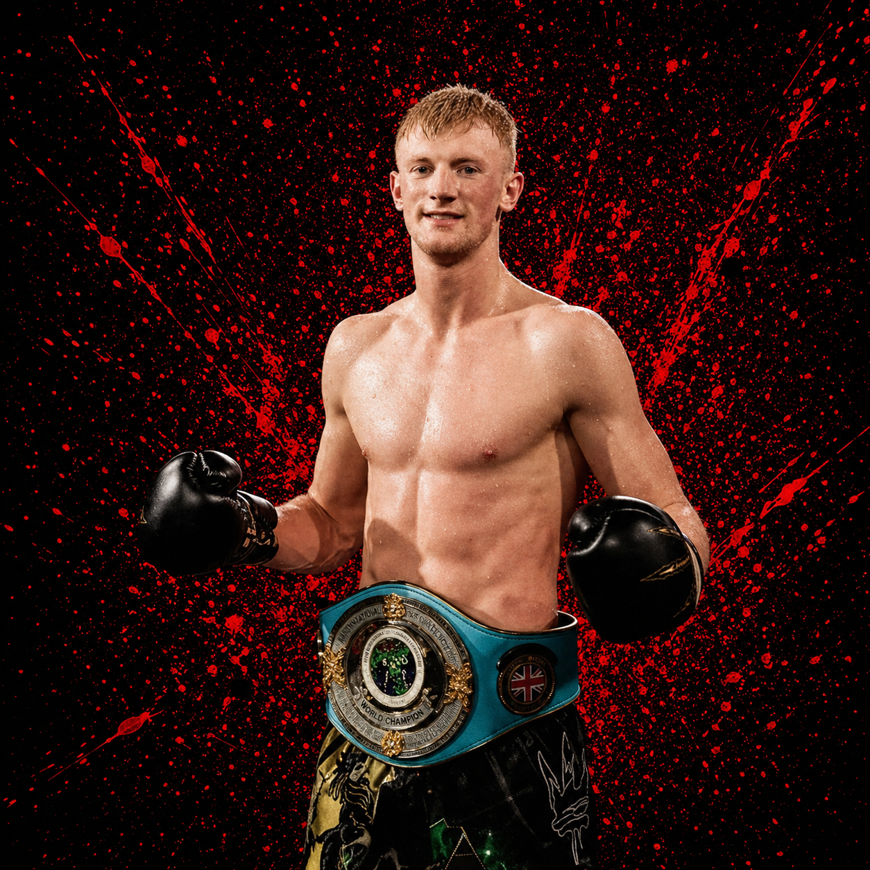 Alex MacGregor with his Muay Thai world championship belt against a red splatter backdrop