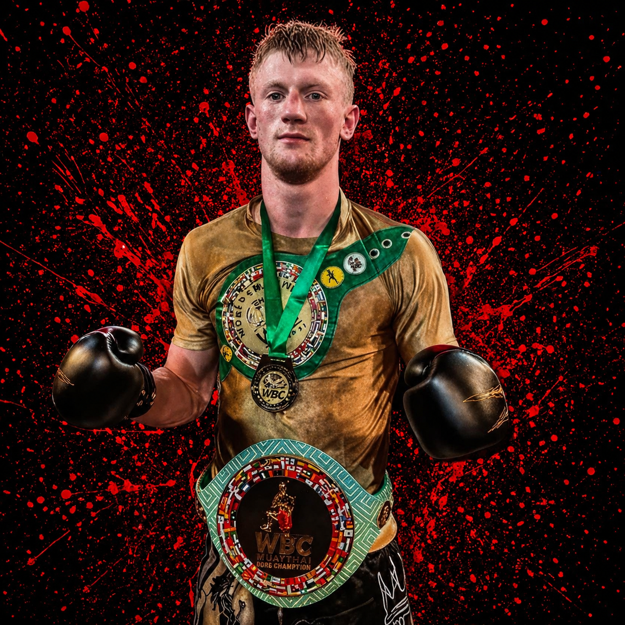 Alex MacGregor holding his WBC Muay Thai world championship belt and medal